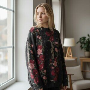 VTG Chunky Sweater Handknit Floral Popcorn Cottagecore Gray Sz M Whimsigoth